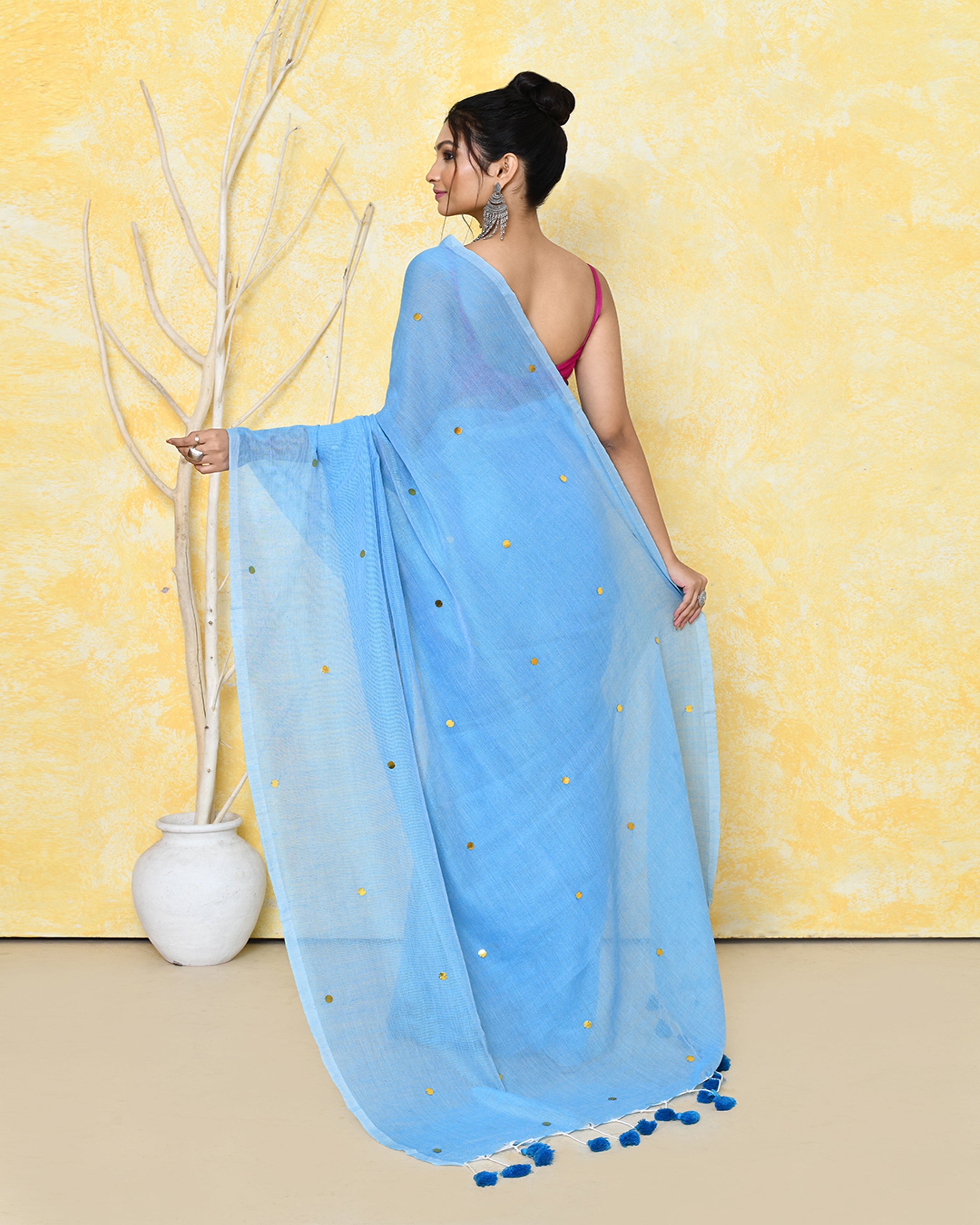 Piyari Fashion Women's Sky Blue Sequin Work Soft Pure Cotton Saree With Blouse Piece