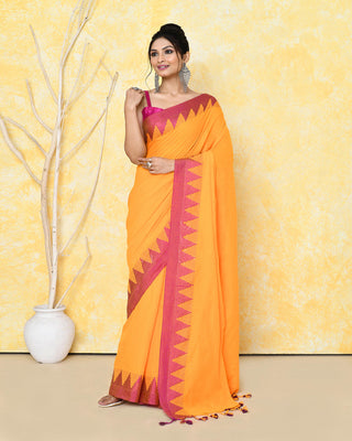 Piyari Fashion Women's Mustard Yellow Hand Work Cotton Saree With Blouse Piece
