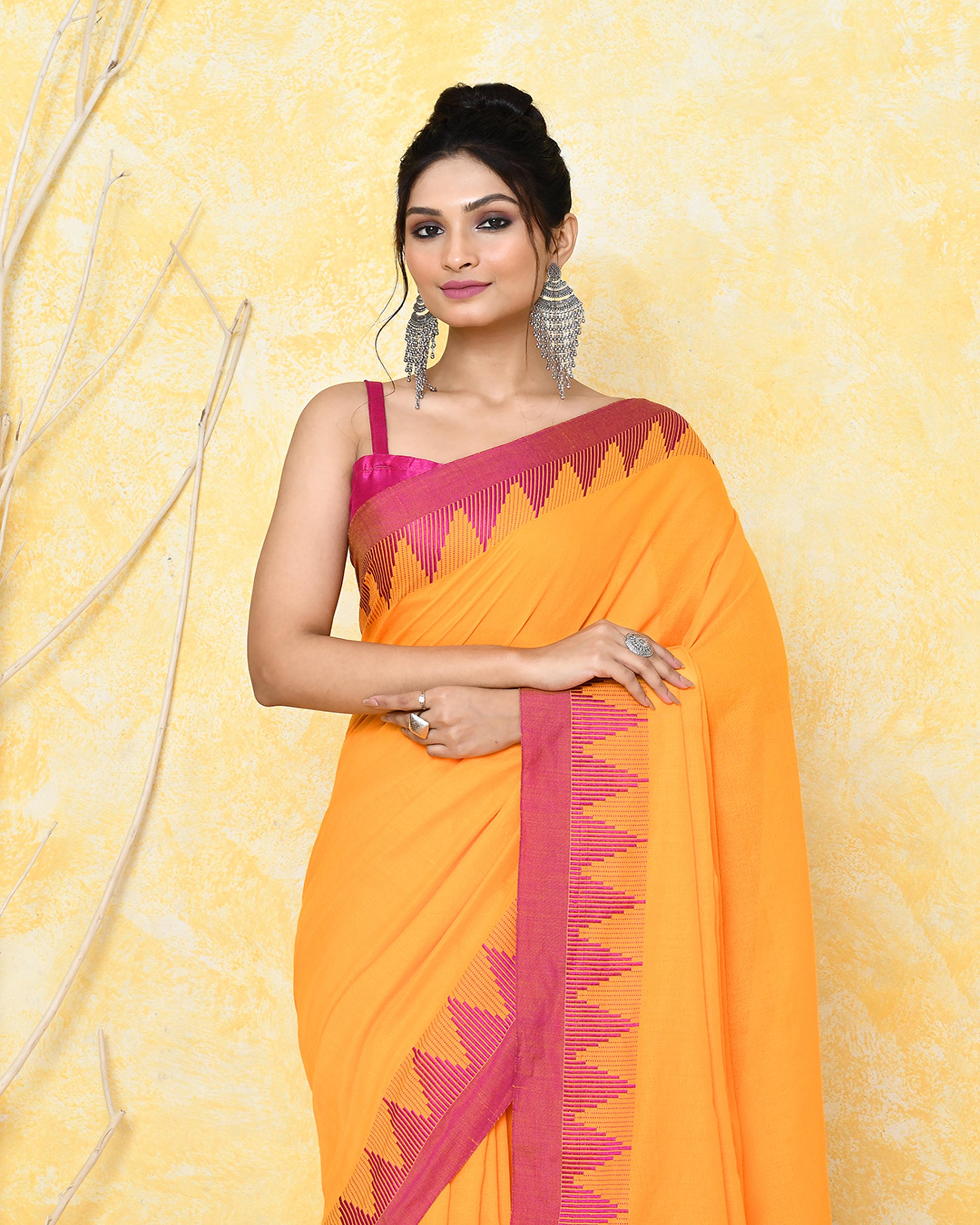 Piyari Fashion Women's Mustard Yellow Hand Work Cotton Saree With Blouse Piece