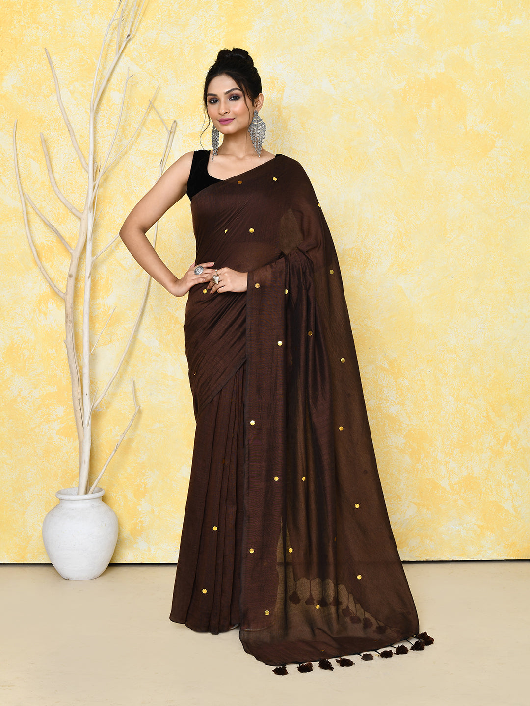 Piyari Fashion Women's Chocolate Brown Sequin Work Soft Pure Cotton Saree With Blouse Piece