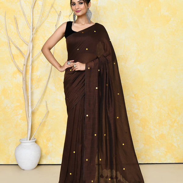 Piyari Fashion Women's Chocolate Brown Sequin Work Soft Pure Cotton Saree With Blouse Piece
