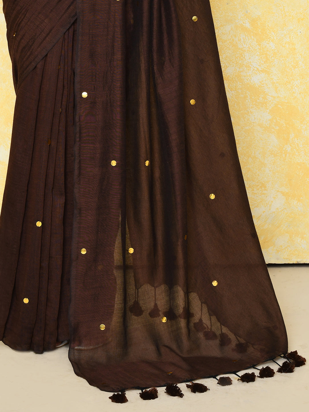 Piyari Fashion Women's Chocolate Brown Sequin Work Soft Pure Cotton Saree With Blouse Piece
