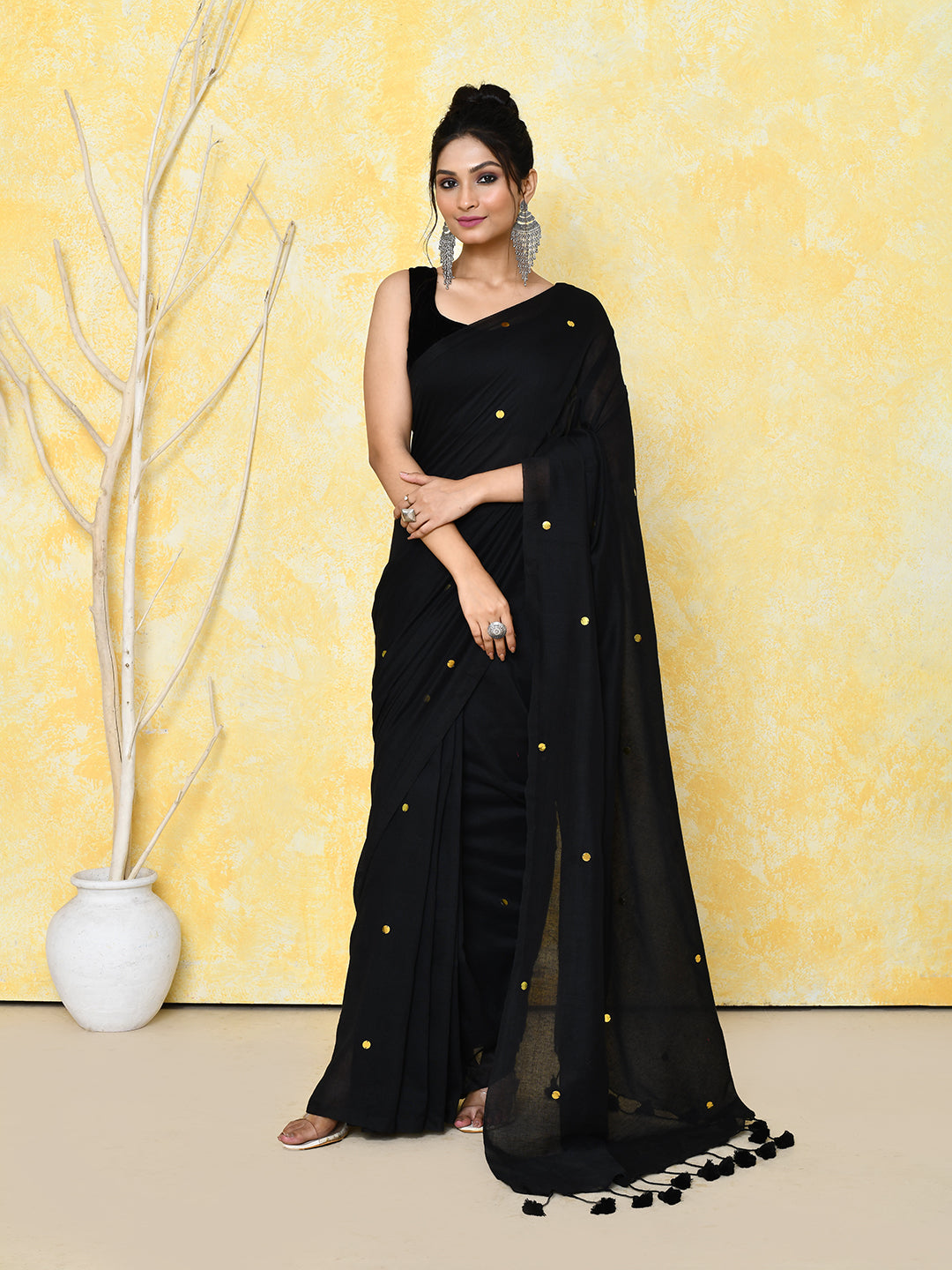 Piyari Fashion Women's Black Sequin Work Soft Pure Cotton Saree With Blouse Piece