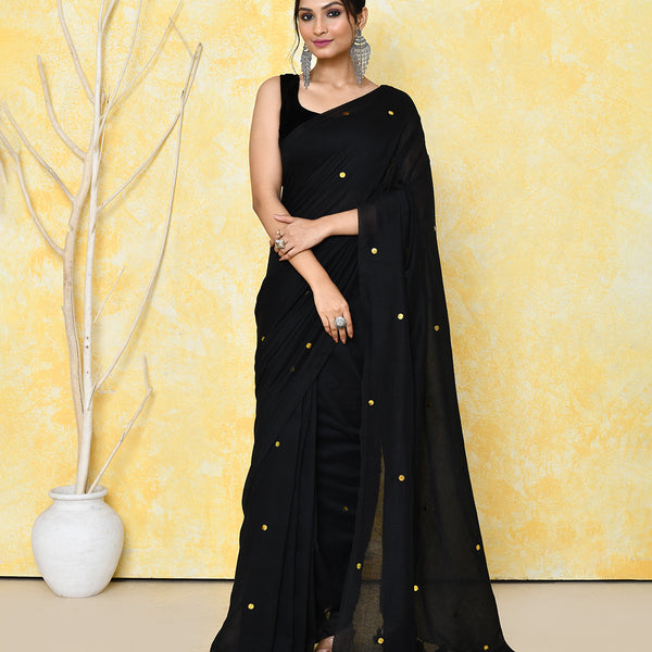 Piyari Fashion Women's Black Sequin Work Soft Pure Cotton Saree With Blouse Piece