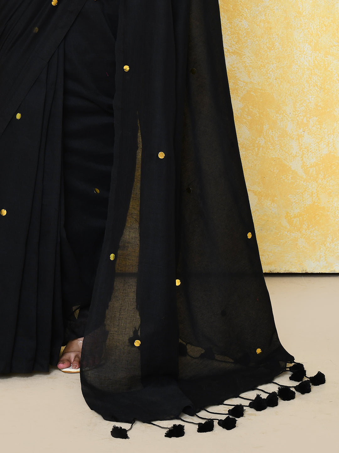 Piyari Fashion Women's Black Sequin Work Soft Pure Cotton Saree With Blouse Piece