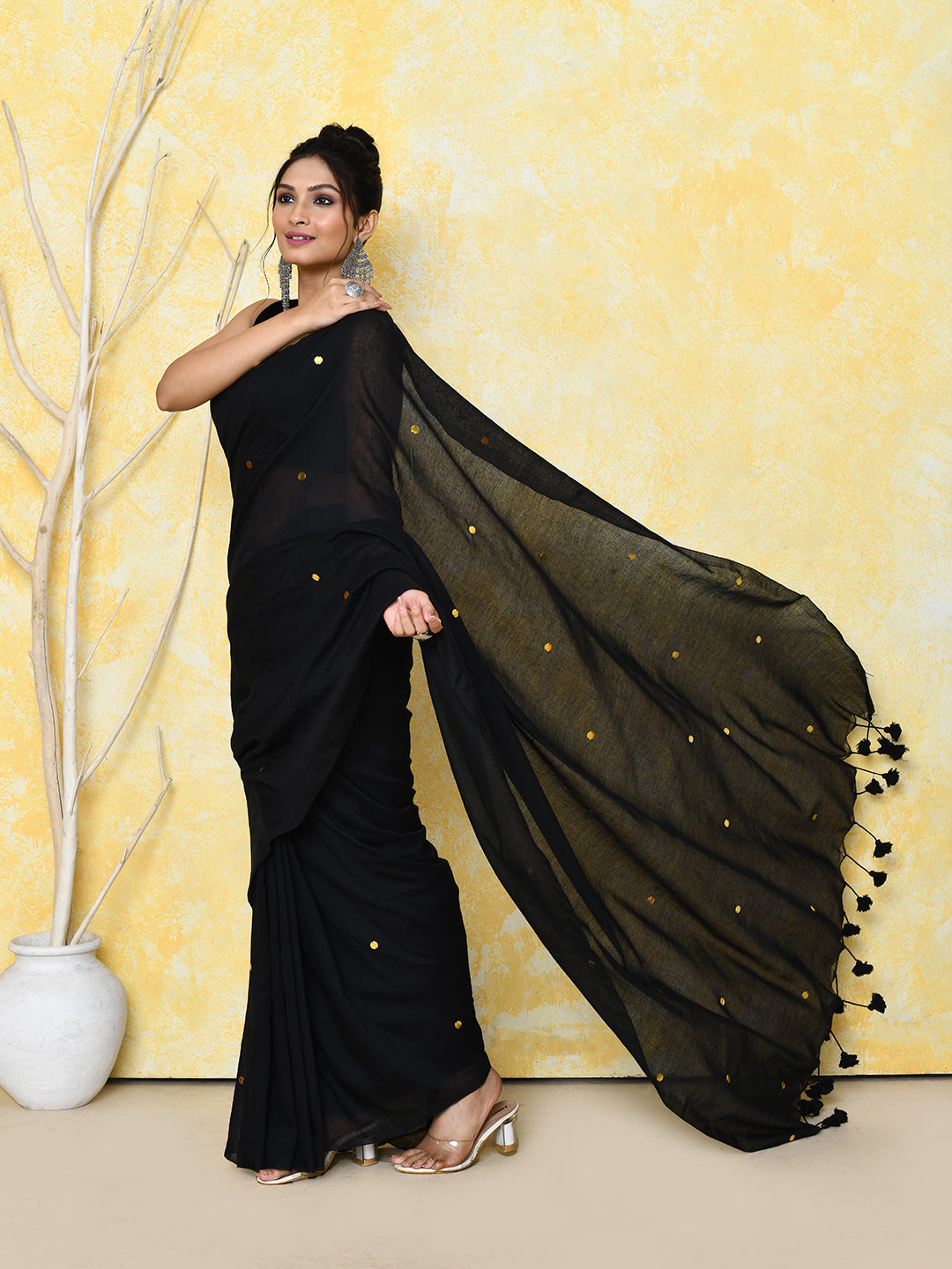 Piyari Fashion Women's Black Sequin Work Soft Pure Cotton Saree With Blouse Piece