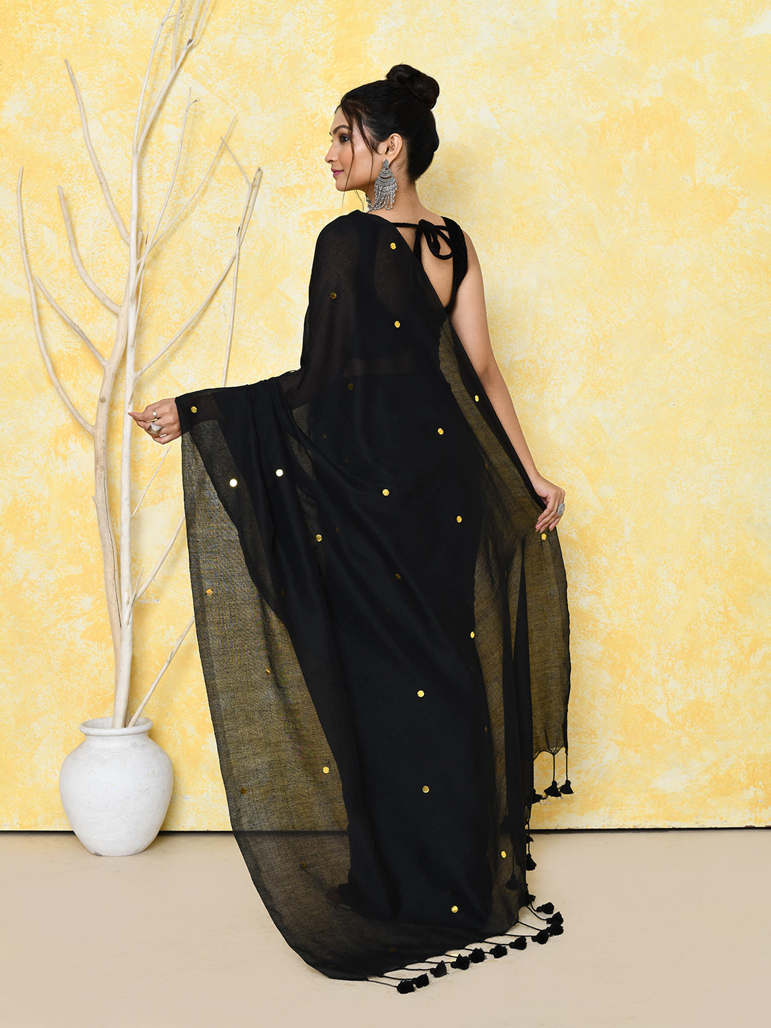 Piyari Fashion Women's Black Sequin Work Soft Pure Cotton Saree With Blouse Piece
