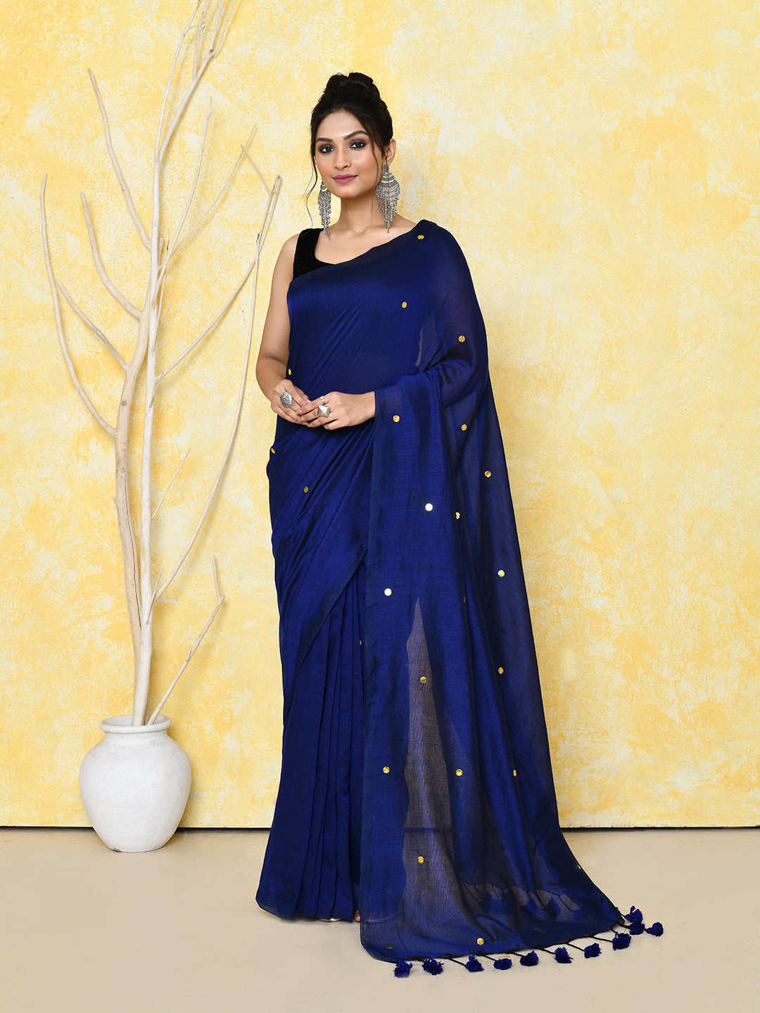 Piyari Fashion Women's Blue Sequin Work Soft Pure Cotton Saree With Blouse Piece