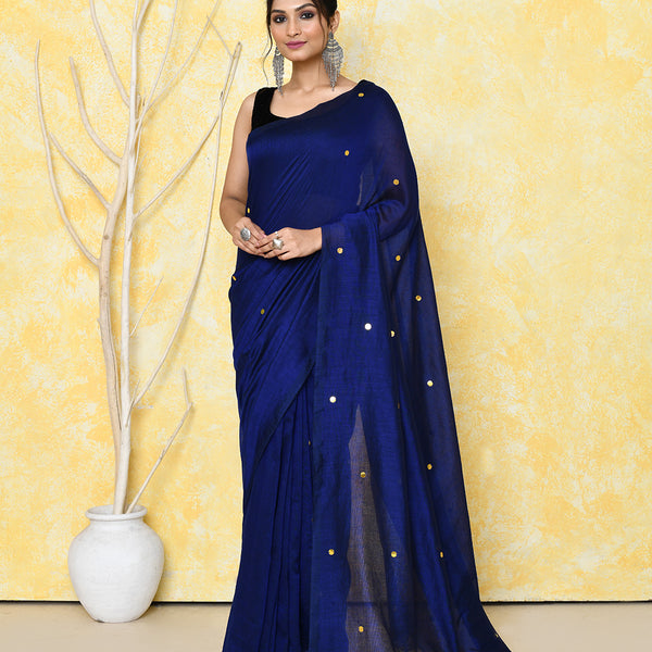 Piyari Fashion Women's Blue Sequin Work Soft Pure Cotton Saree With Blouse Piece