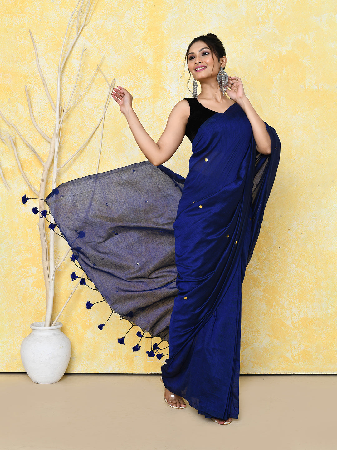 Piyari Fashion Women's Blue Sequin Work Soft Pure Cotton Saree With Blouse Piece