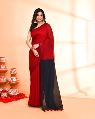 Piyari Fashion Handspun Cotton Red Handloom Saree With Blouse
