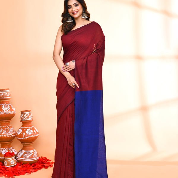 Piyari Fashion Handspun Cotton Maroon Handloom Saree With Blouse - Distacart