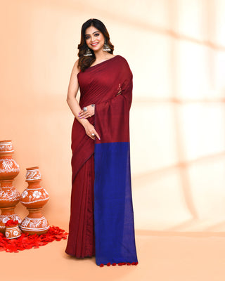 Piyari Fashion Handspun Cotton Maroon Handloom Saree With Blouse