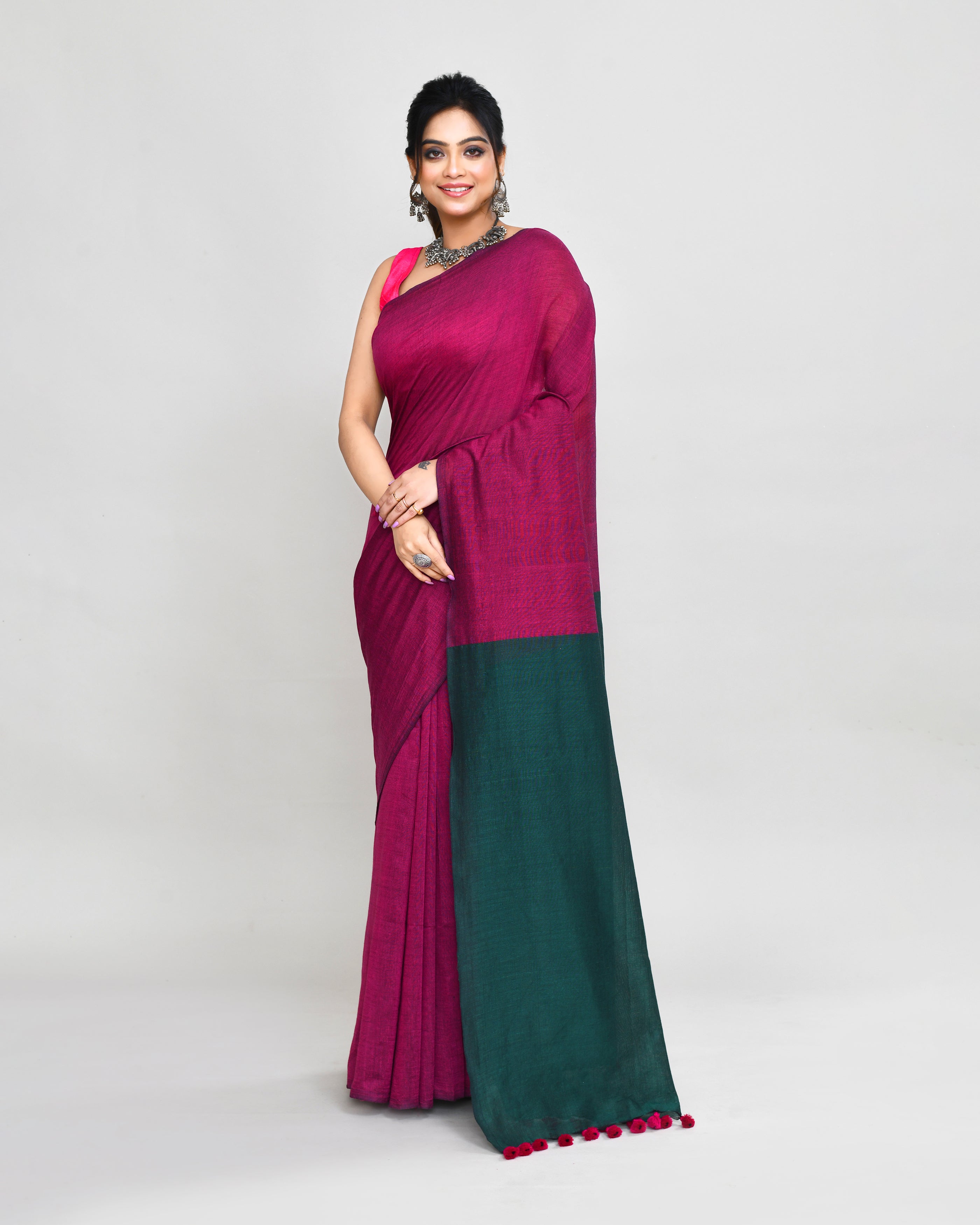 Piyari Fashion Handspun Cotton Rani Pink Handloom Saree With Blouse