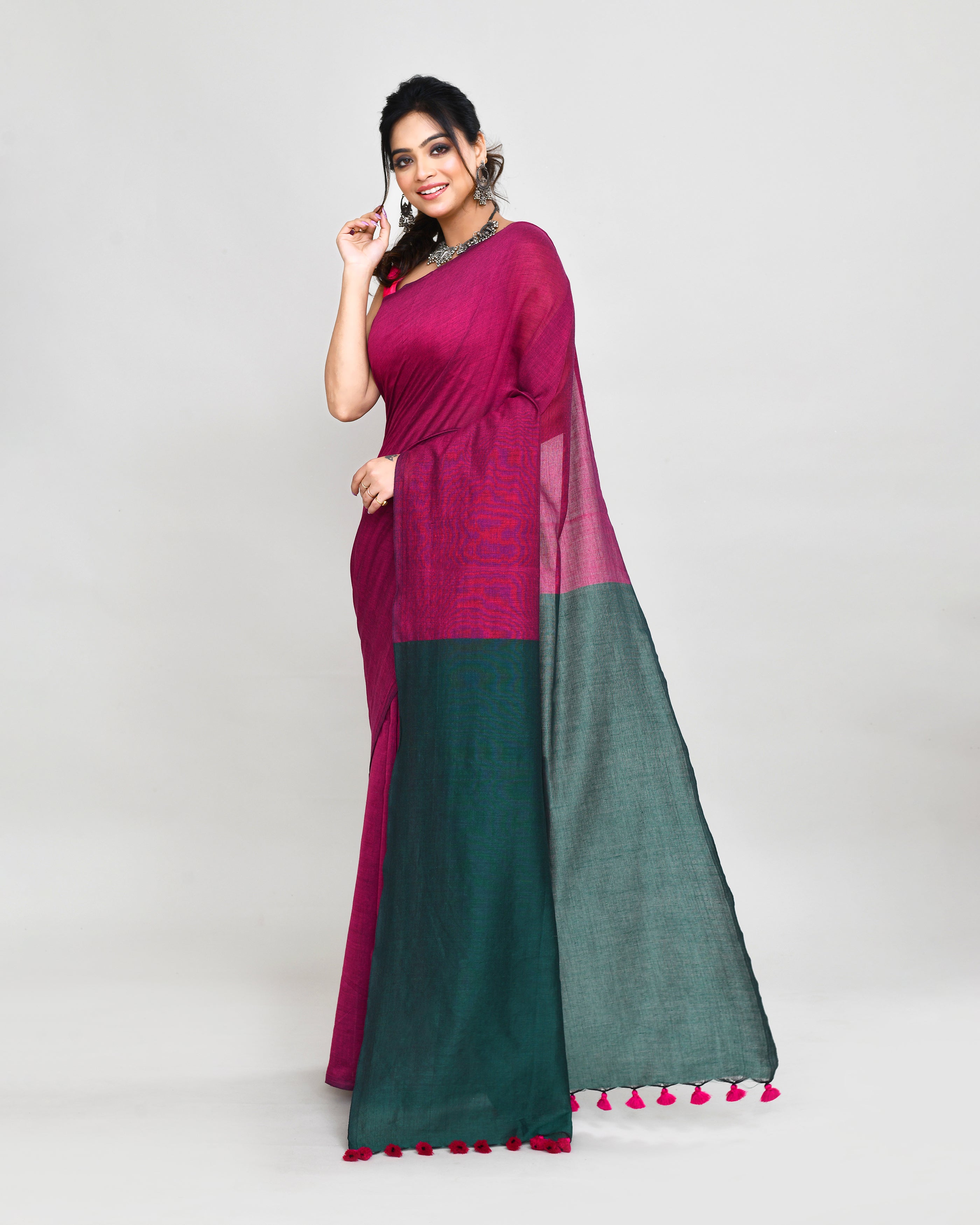 Piyari Fashion Handspun Cotton Rani Pink Handloom Saree With Blouse