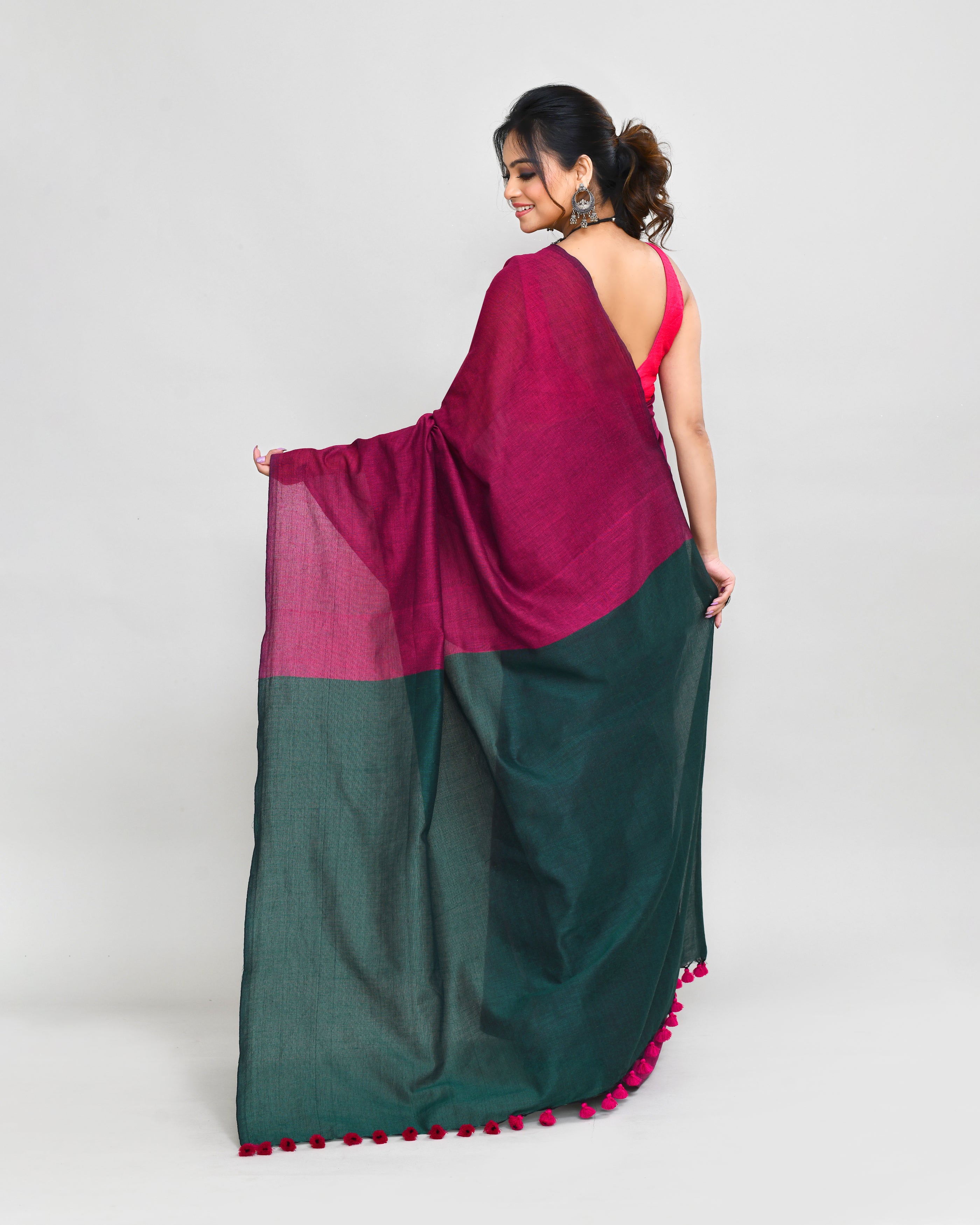 Piyari Fashion Handspun Cotton Rani Pink Handloom Saree With Blouse