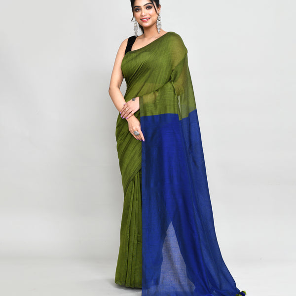 Piyari Fashion Handspun Cotton Moss Green Handloom Saree With Blouse - Distacart