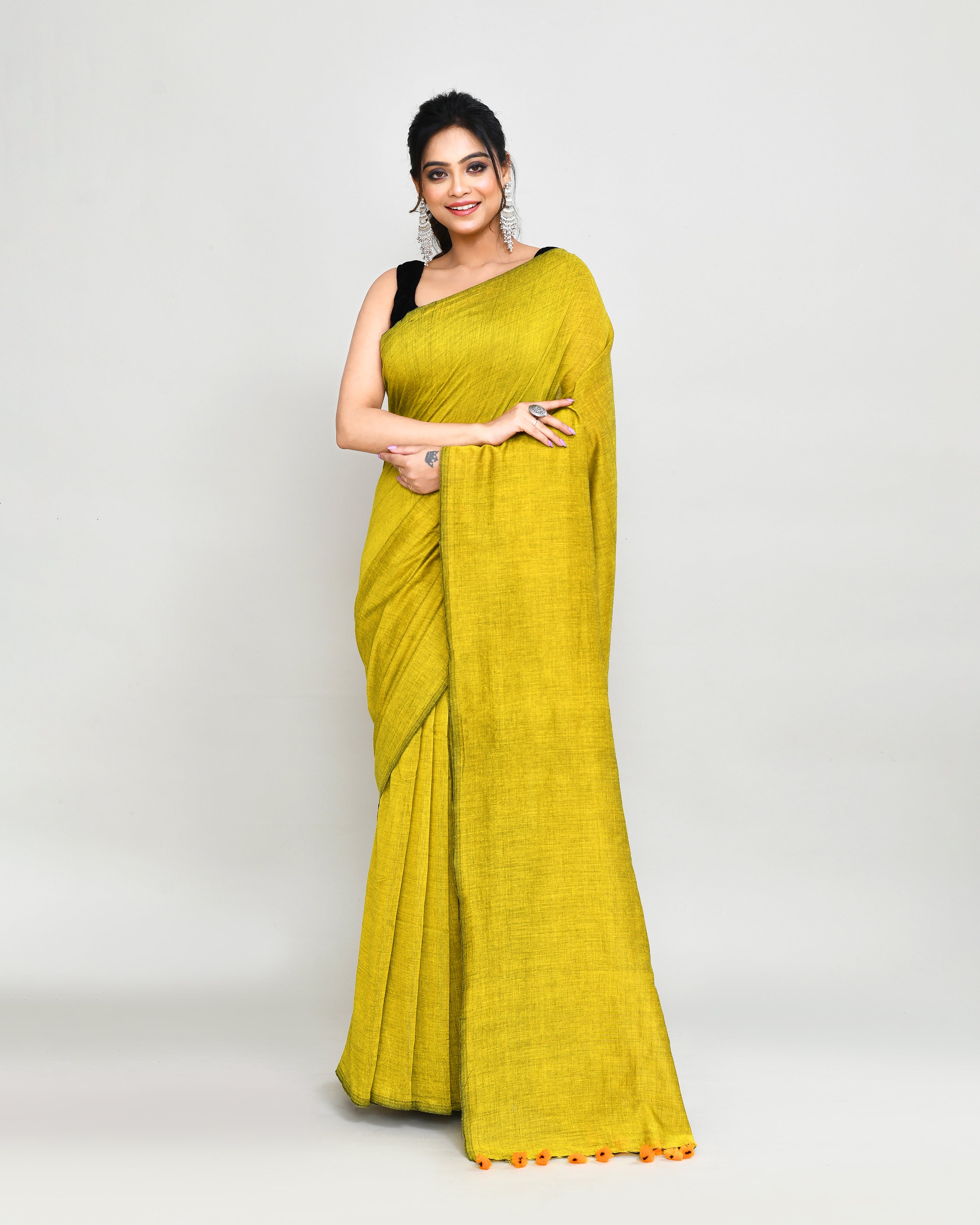 Piyari Fashion Handspun Cotton Lemon Handloom Saree With Blouse