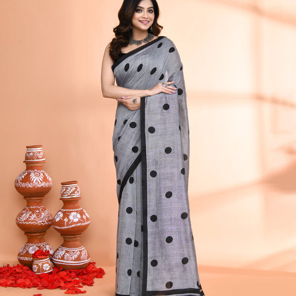 Piyari Fashion Handspun Printed Cotton Silver Grey Handloom Saree With Blouse - Distacart