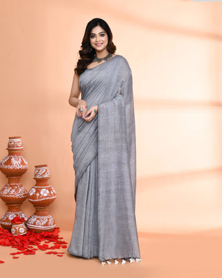 Piyari Fashion Handspun Cotton Silver Grey Handloom Saree With Blouse