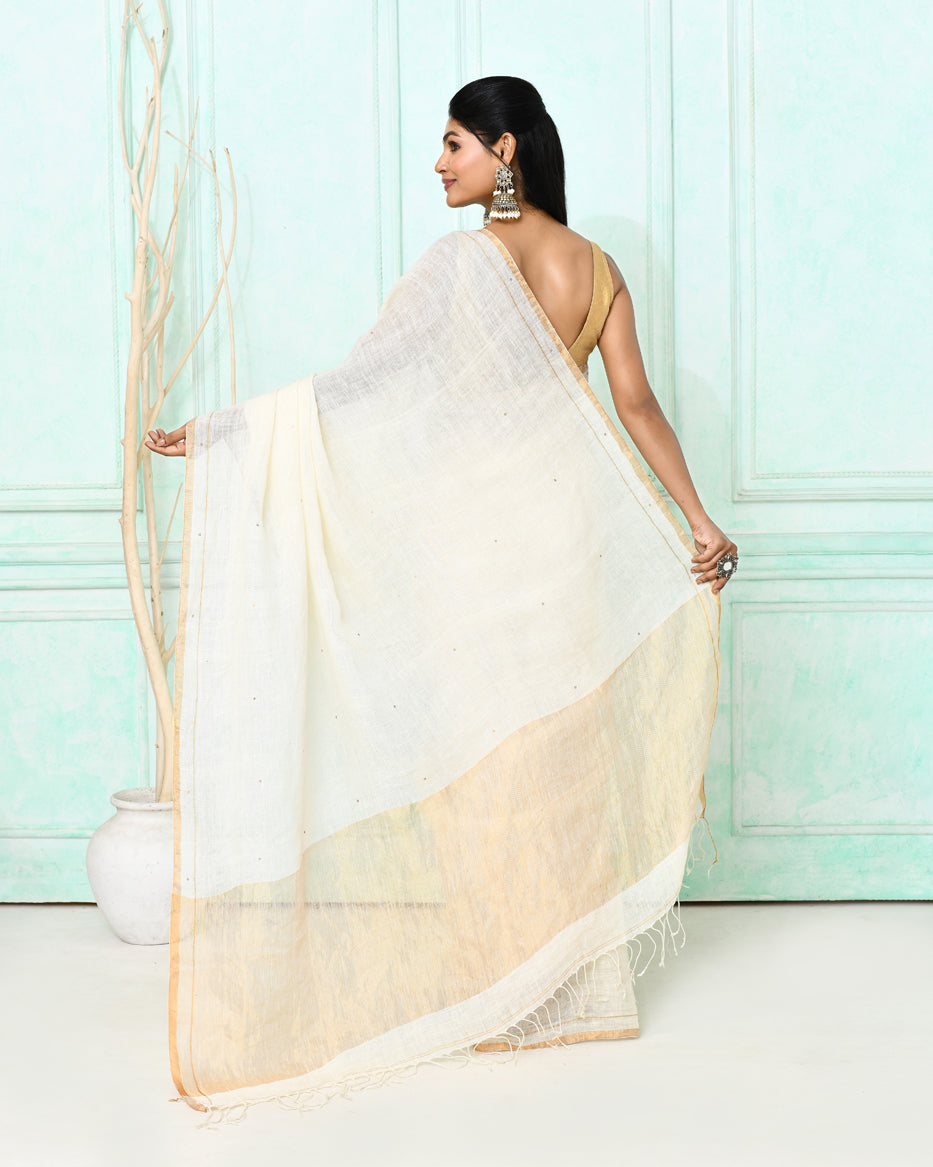 Piyari Fashion Women's White Handloom Linen Sequin Saree With Blouse