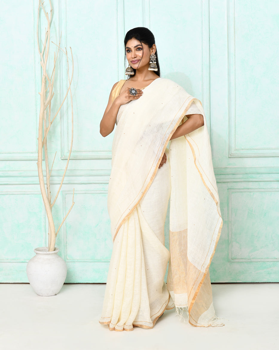 Piyari Fashion Women's White Handloom Linen Sequin Saree With Blouse