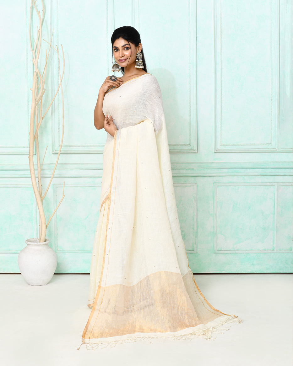 Piyari Fashion Women's White Handloom Linen Sequin Saree With Blouse