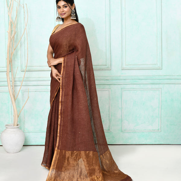 Piyari Fashion Women's Brown Handloom Linen Sequin Saree With Blouse - Distacart