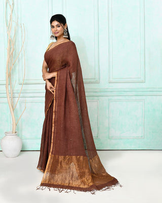 Piyari Fashion Women's Brown Handloom Linen Sequin Saree With Blouse