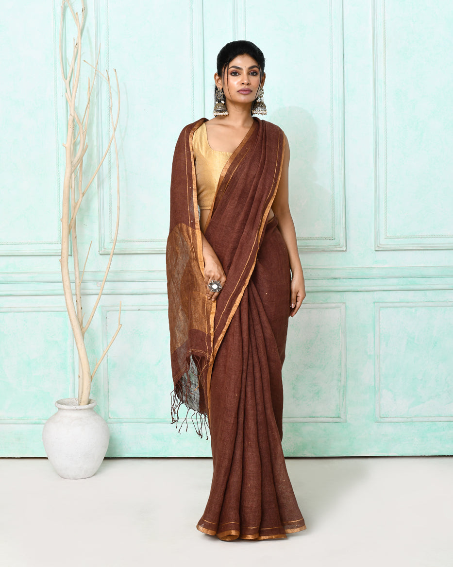Piyari Fashion Women's Brown Handloom Linen Sequin Saree With Blouse