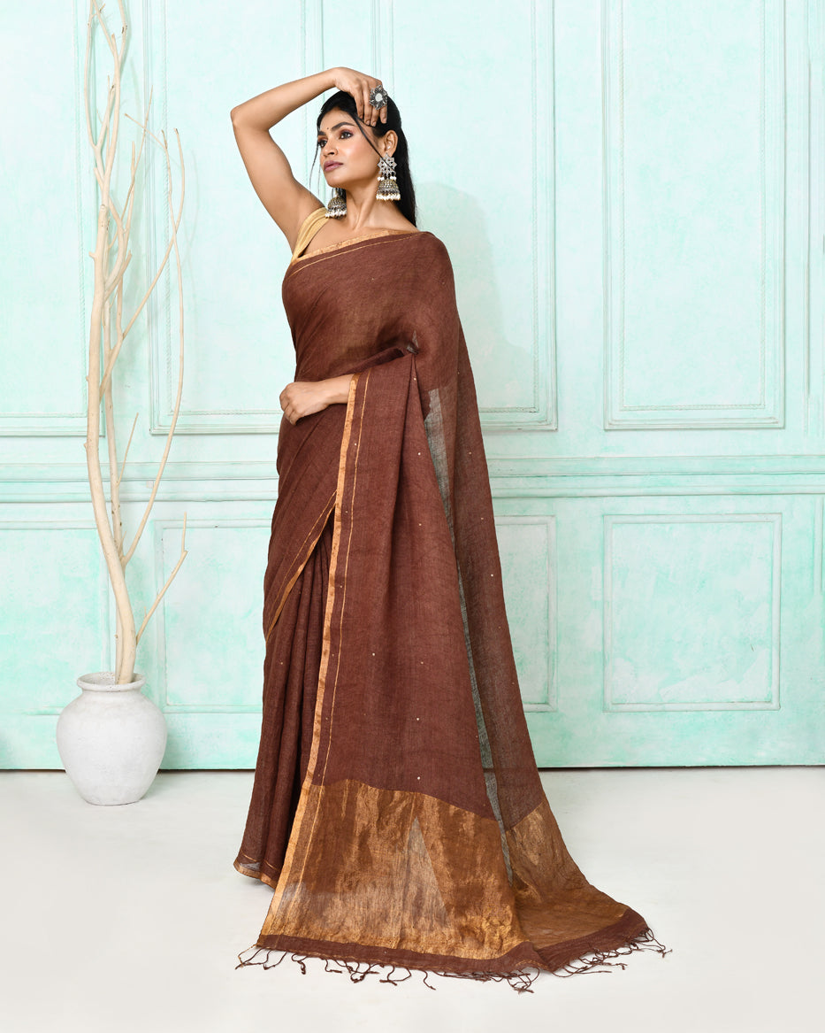 Piyari Fashion Women's Brown Handloom Linen Sequin Saree With Blouse