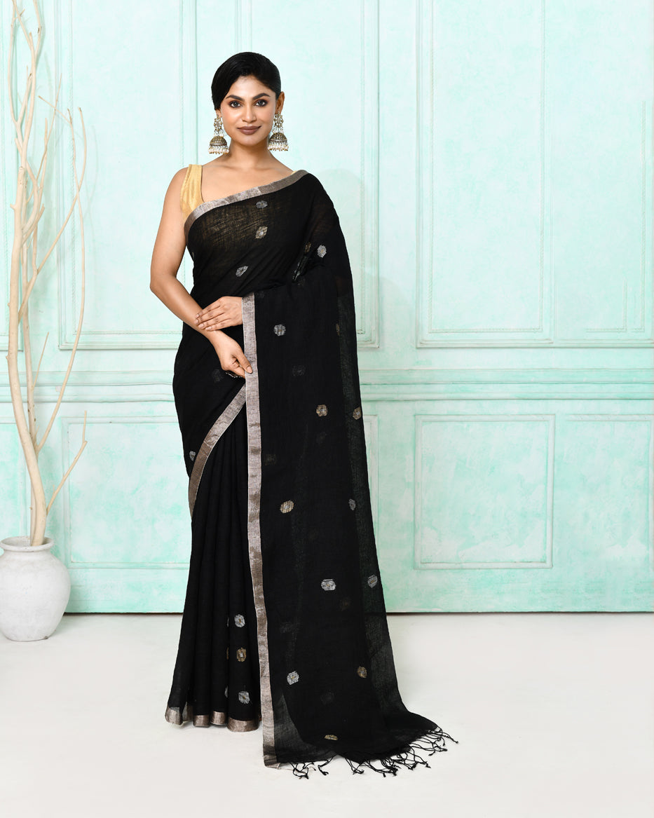 Piyari Fashion Women's Black Handloom Linen Jamdani Saree With Blouse