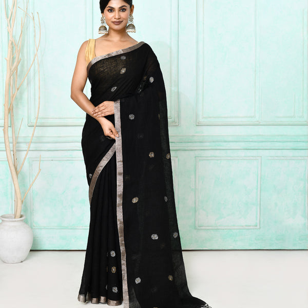 Piyari Fashion Women's Black Handloom Linen Jamdani Saree With Blouse