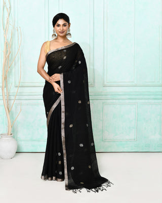 Piyari Fashion Women's Black Handloom Linen Jamdani Saree With Blouse