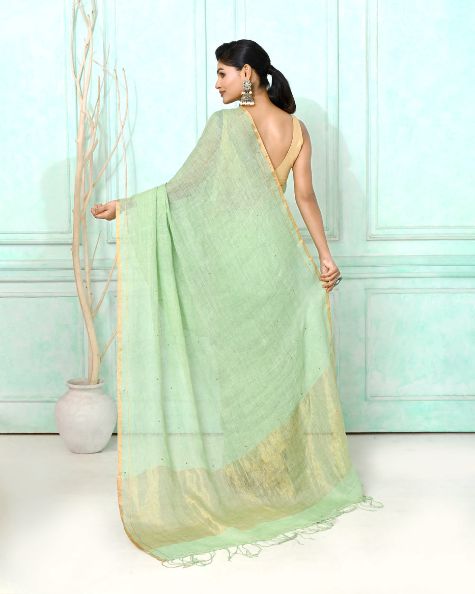 Piyari Fashion Women's Sea Green Handloom Linen Sequin Saree With Blouse