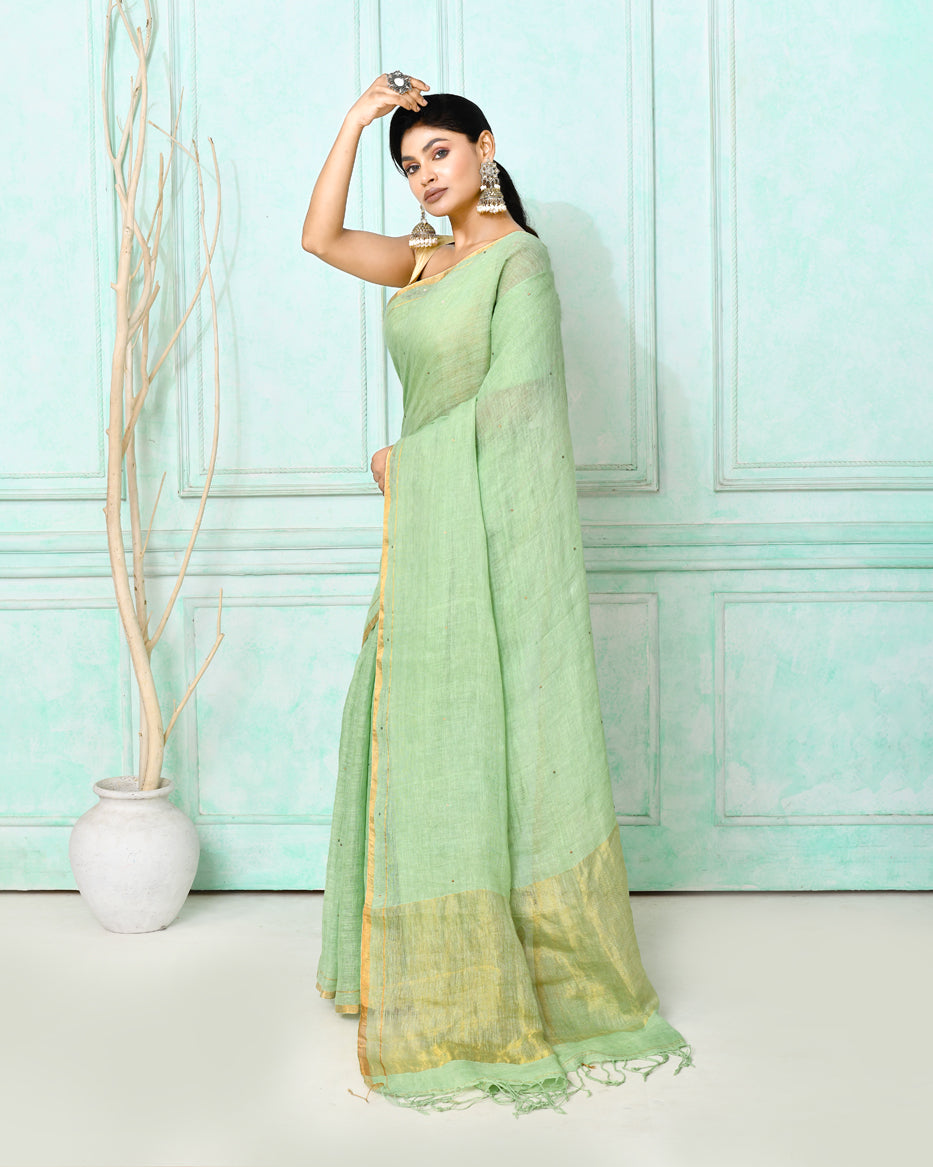 Piyari Fashion Women's Sea Green Handloom Linen Sequin Saree With Blouse