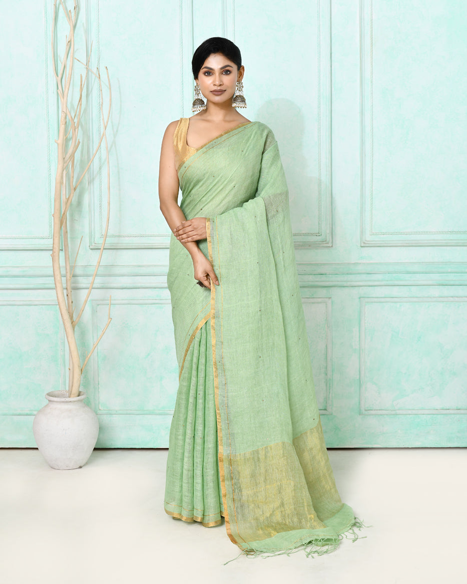 Piyari Fashion Women's Sea Green Handloom Linen Sequin Saree With Blouse