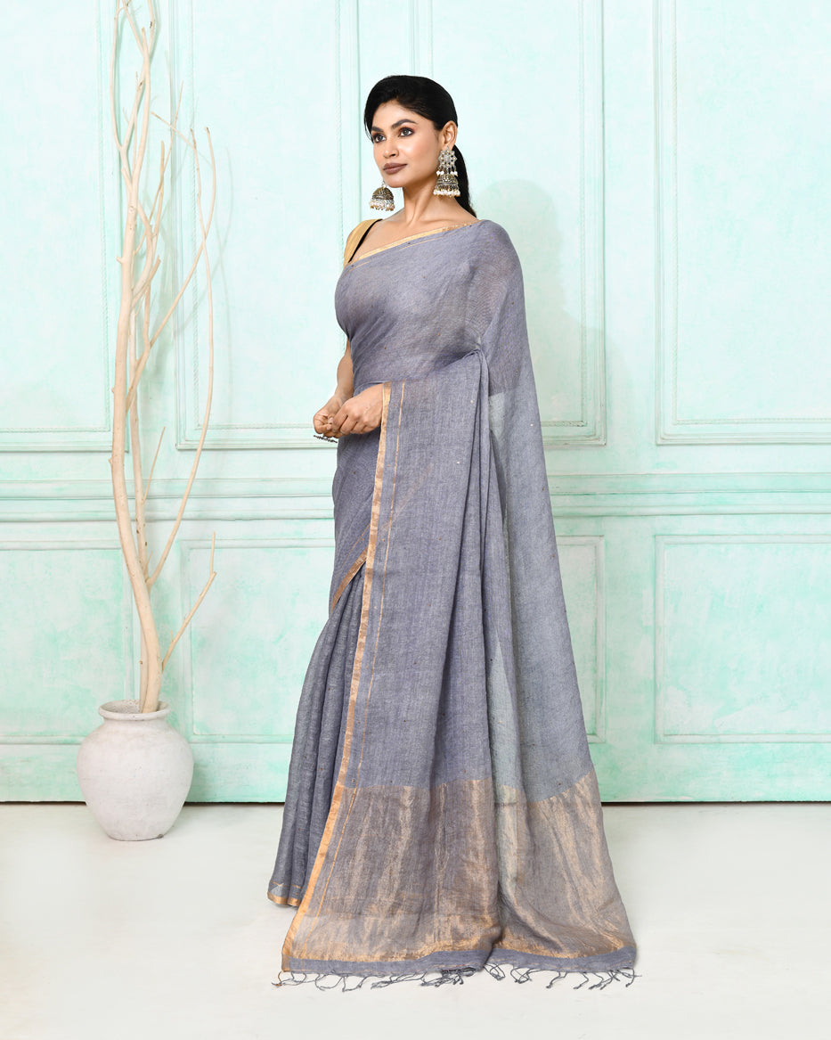 Piyari Fashion Women's Dim Gray Handloom Linen Sequin Saree With Blouse