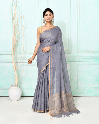 Piyari Fashion Women's Dim Gray Handloom Linen Sequin Saree With Blouse