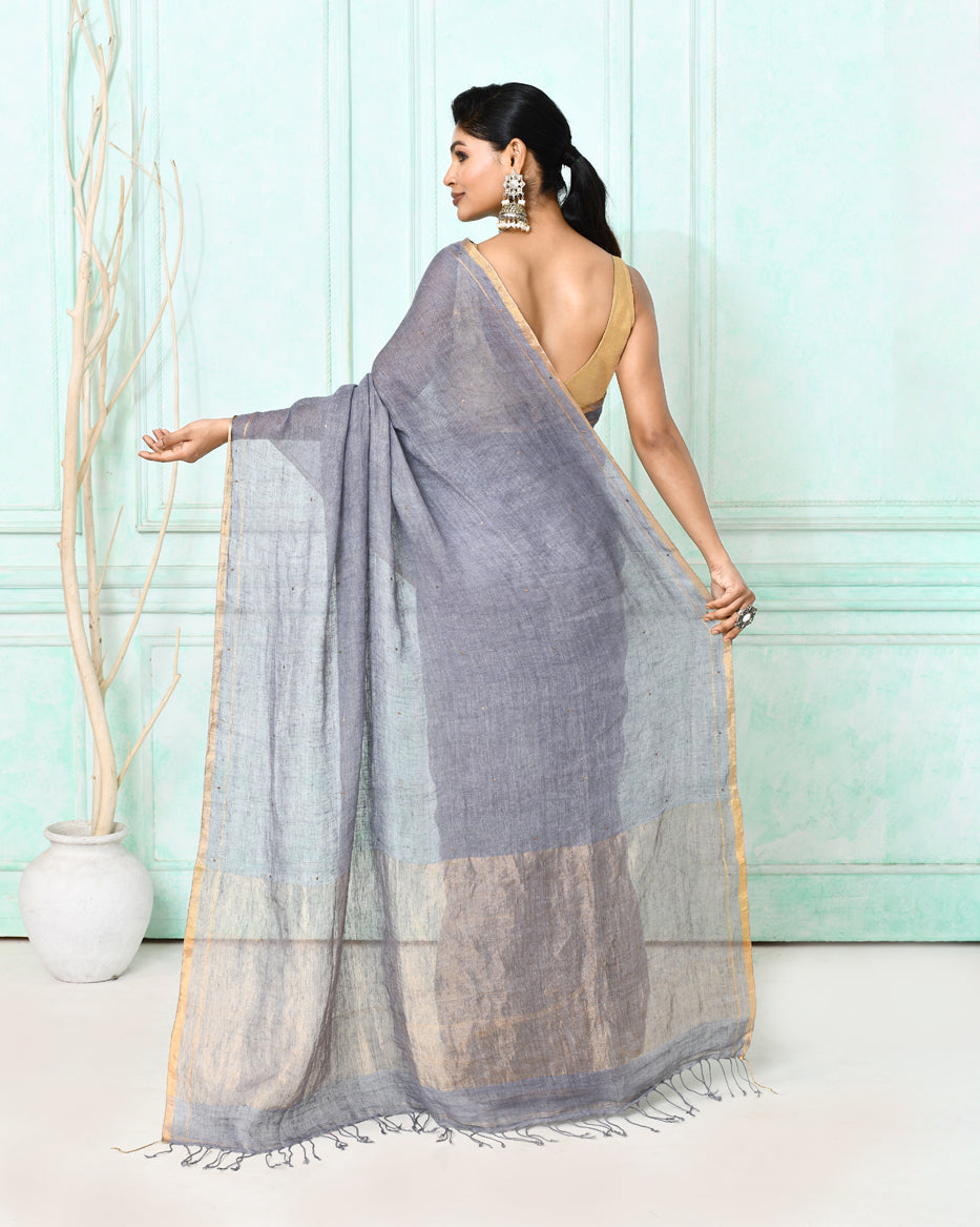 Piyari Fashion Women's Dim Gray Handloom Linen Sequin Saree With Blouse