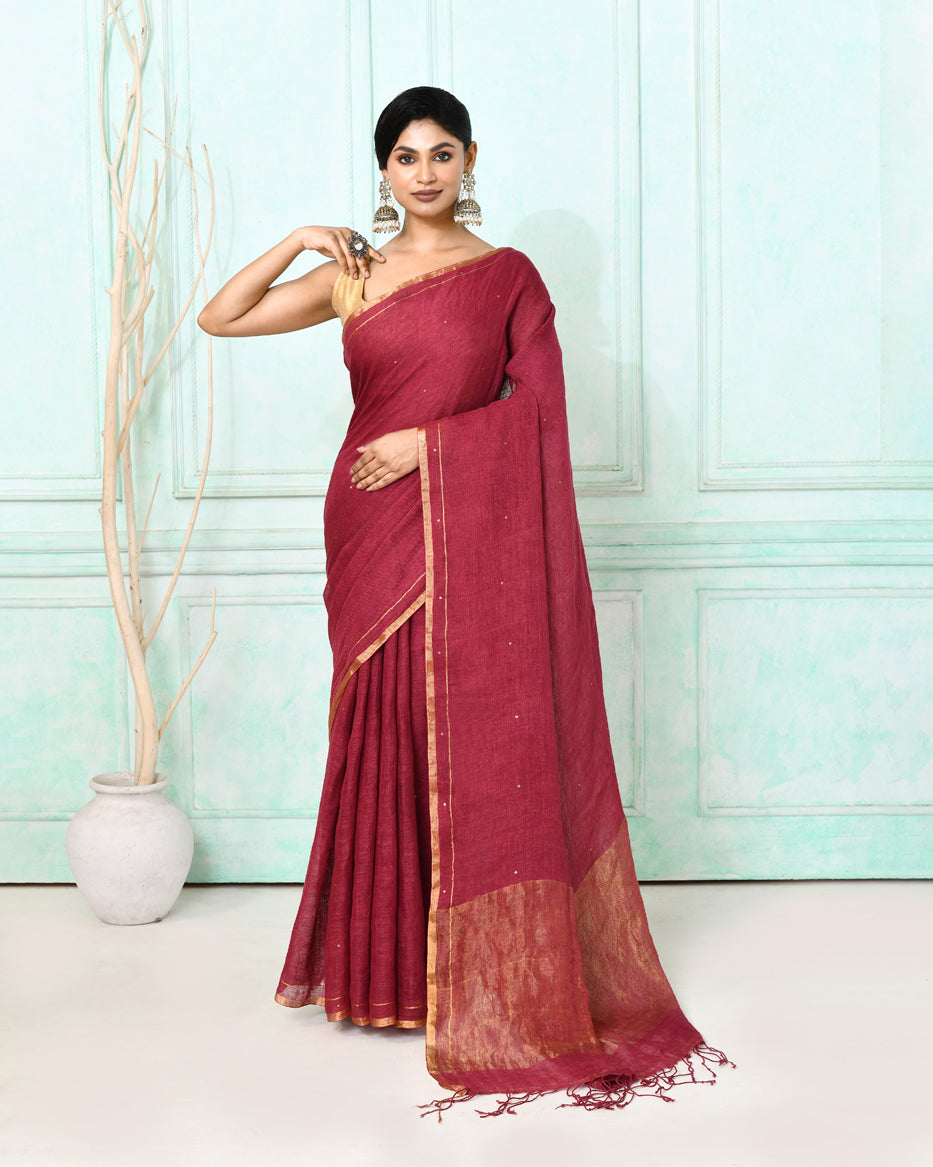 Piyari Fashion Women's Maroon Handloom Linen Sequin Saree With Blouse