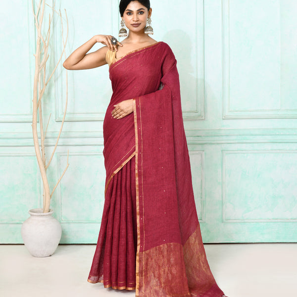 Piyari Fashion Women's Maroon Handloom Linen Sequin Saree With Blouse