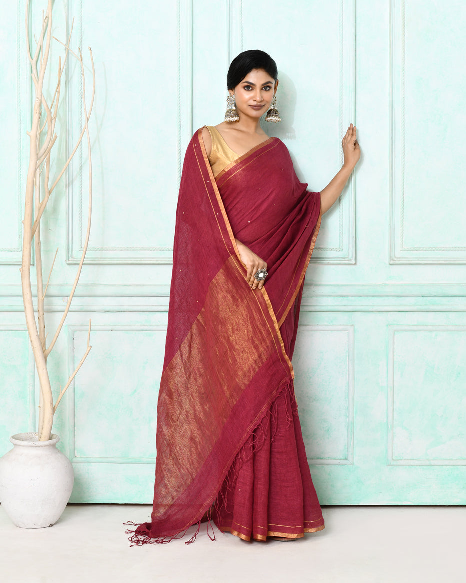 Piyari Fashion Women's Maroon Handloom Linen Sequin Saree With Blouse