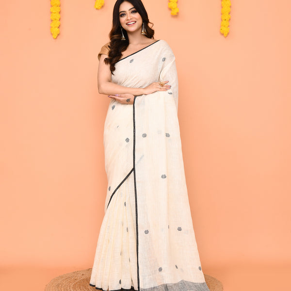 Piyari Fashion Women's Off White Linen Ball Jamdani Saree With Tassels
