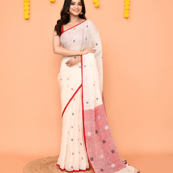 Piyari Fashion Women's Off White Linen Ball Jamdani Saree With Tassels