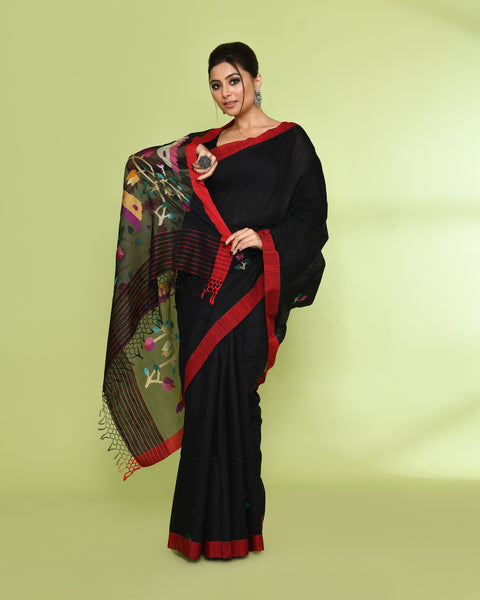 Piyari Fashion Women's Black Embellished Matka Silk Jamdani Saree