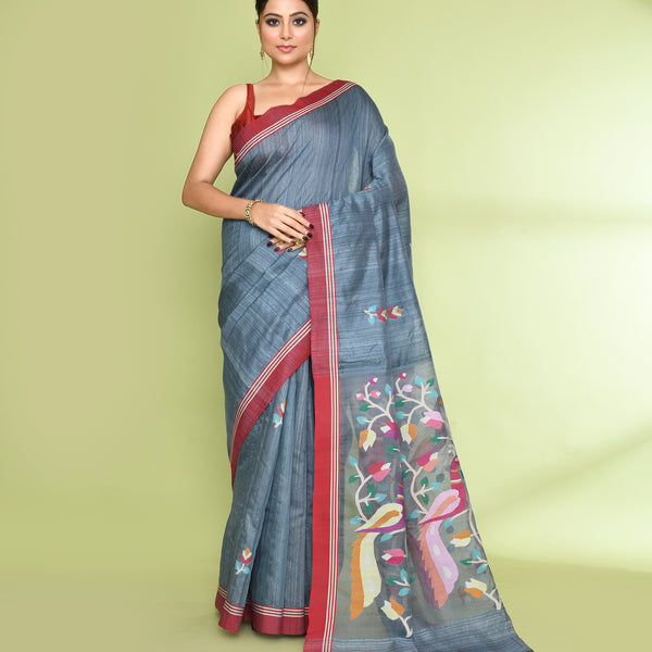 Piyari Fashion Women's Blue Grey Embellished Matka Silk Jamdani Saree