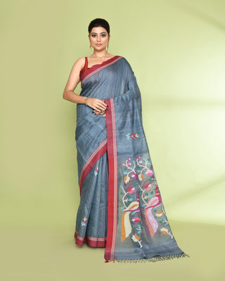Piyari Fashion Women's Blue Grey Embellished Matka Silk Jamdani Saree