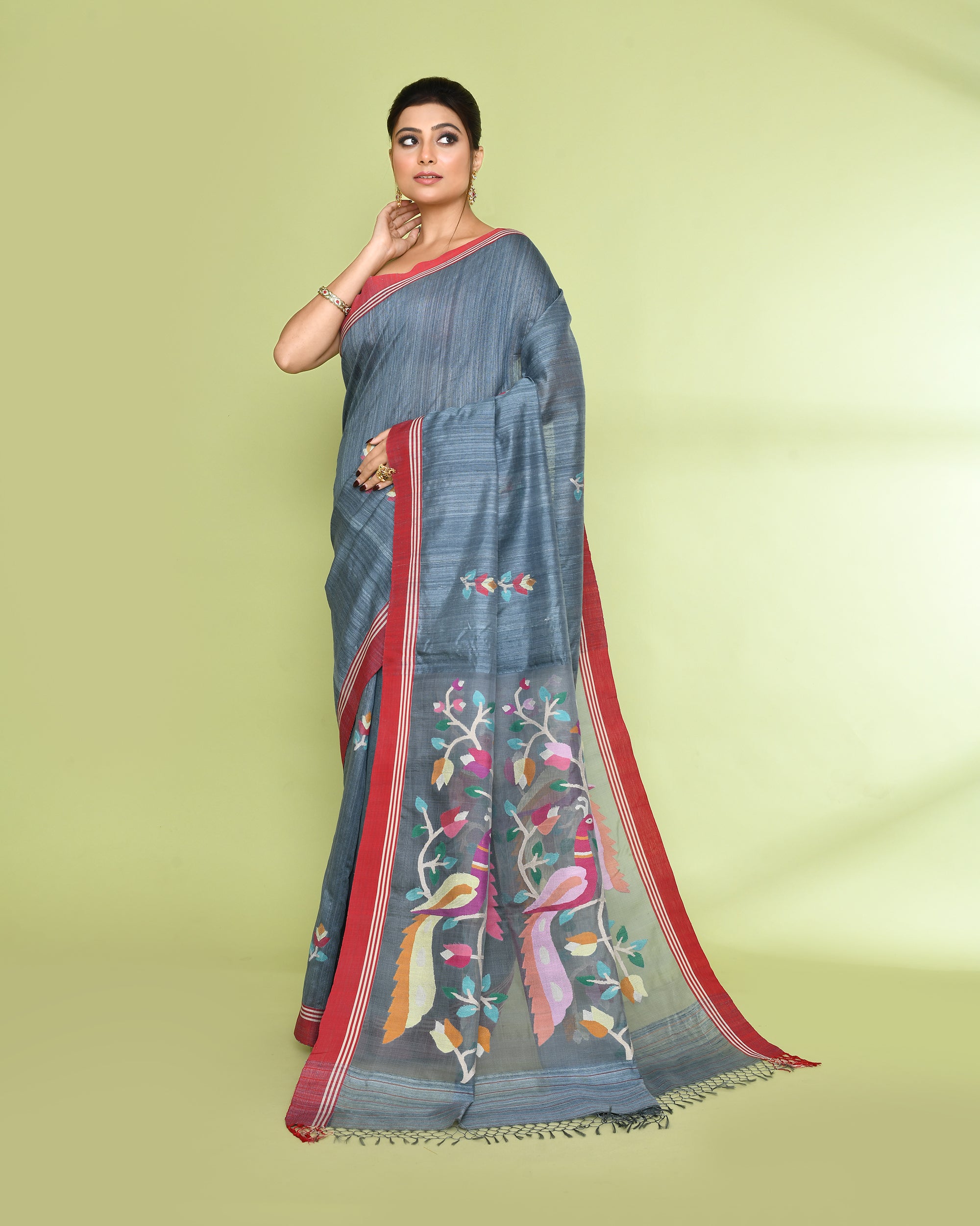 Piyari Fashion Women's Blue Grey Embellished Matka Silk Jamdani Saree