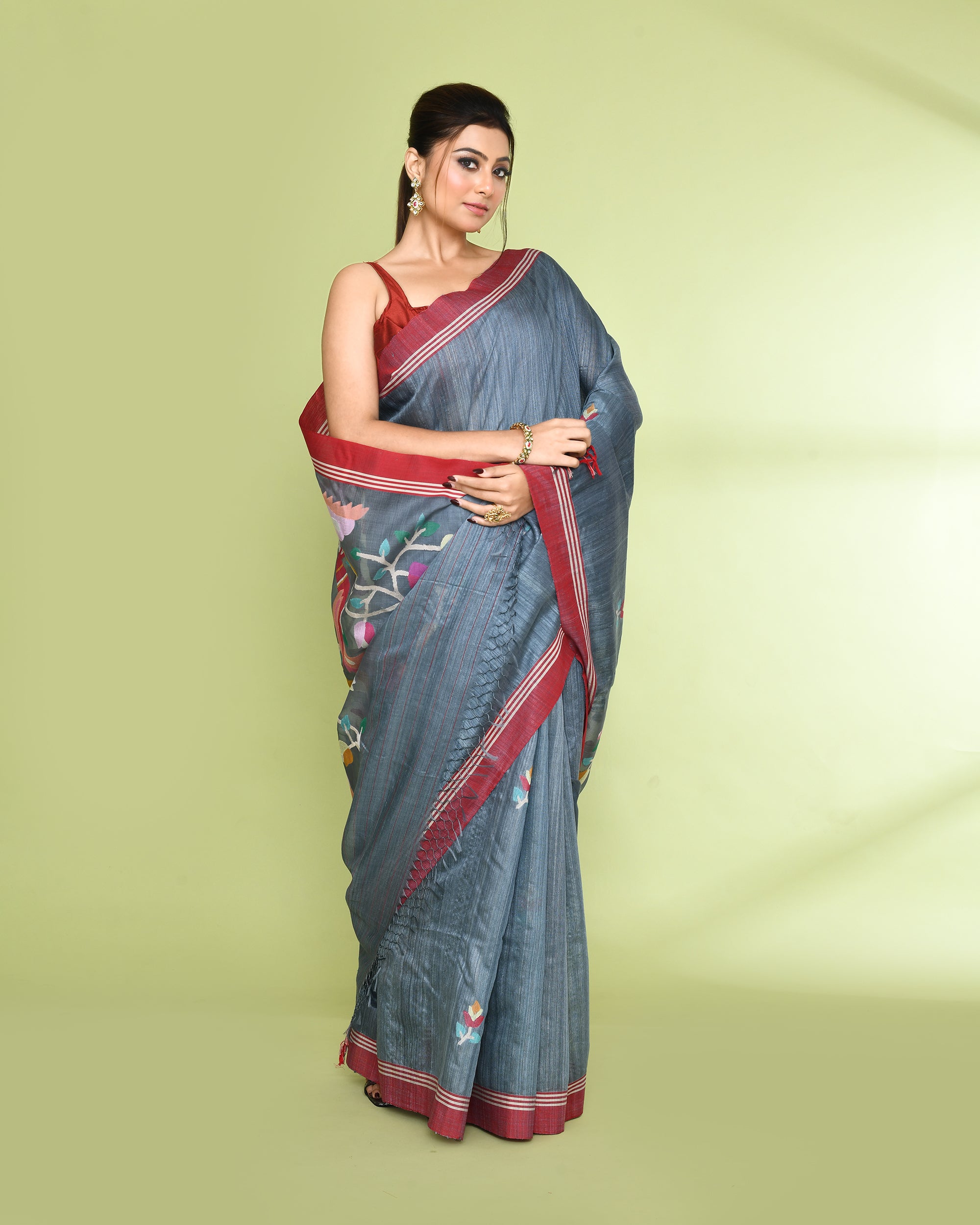 Piyari Fashion Women's Blue Grey Embellished Matka Silk Jamdani Saree